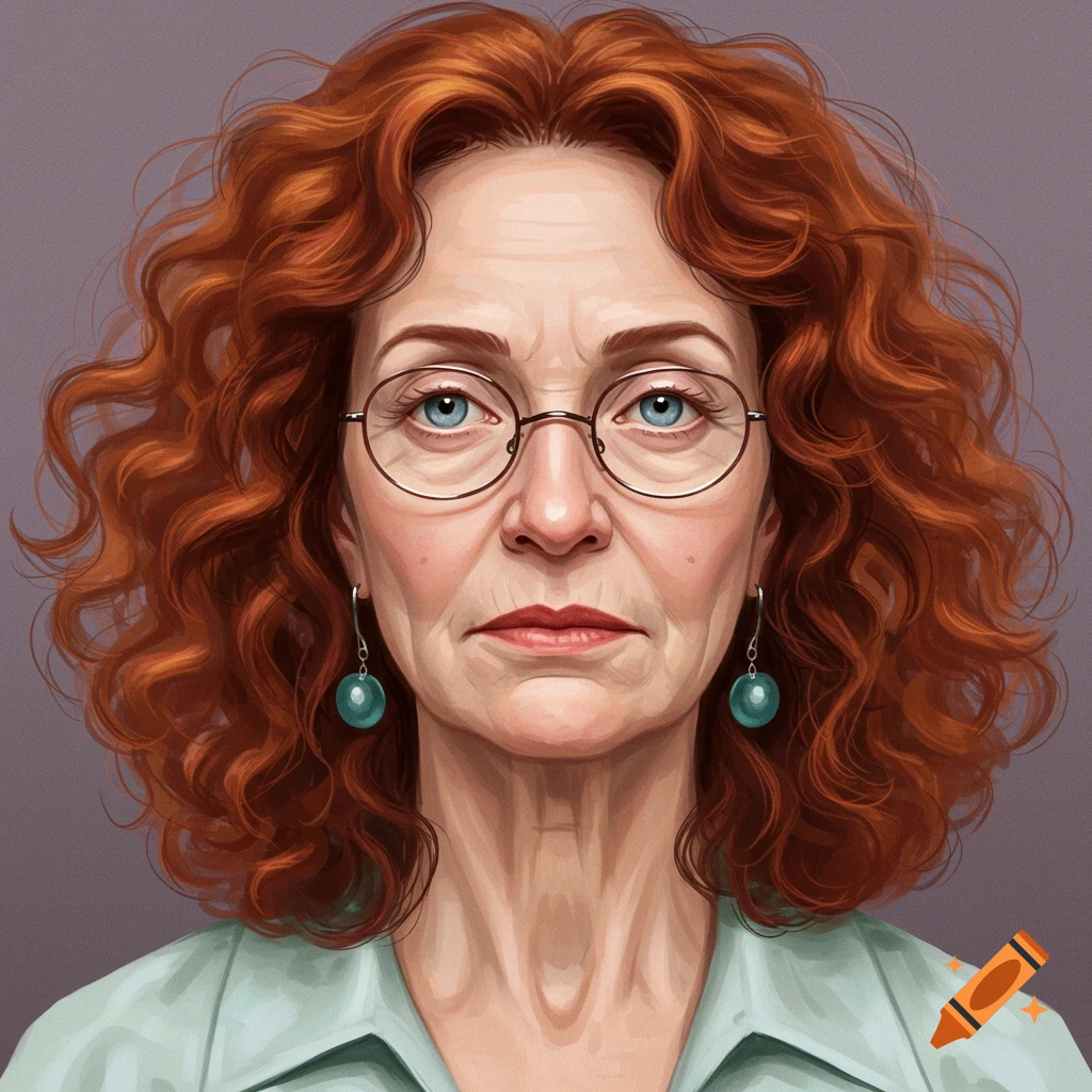 A woman with red curly hair, glasses, and blue eyes.