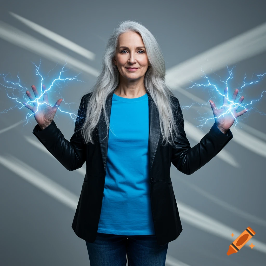 An older woman with gray hair in a blue shirt and black blazer stands releasing blue electricity from her hands.