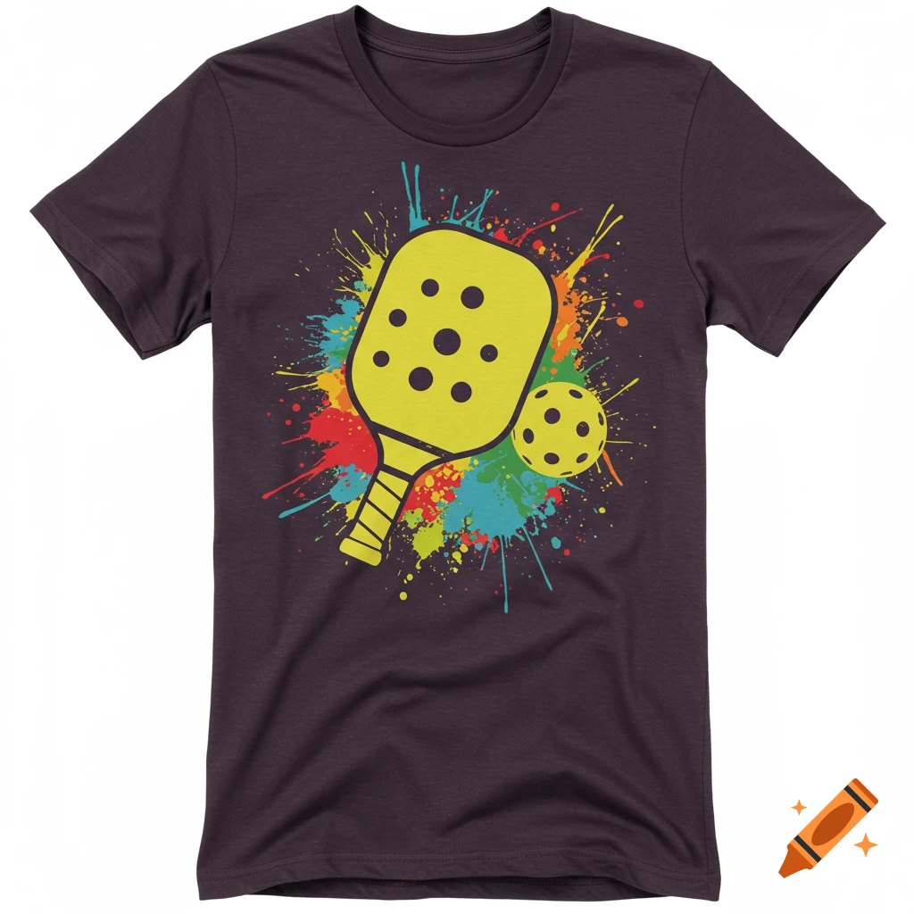 Dark purple t-shirt with a yellow pickleball paddle and ball design over colorful paint splatters.