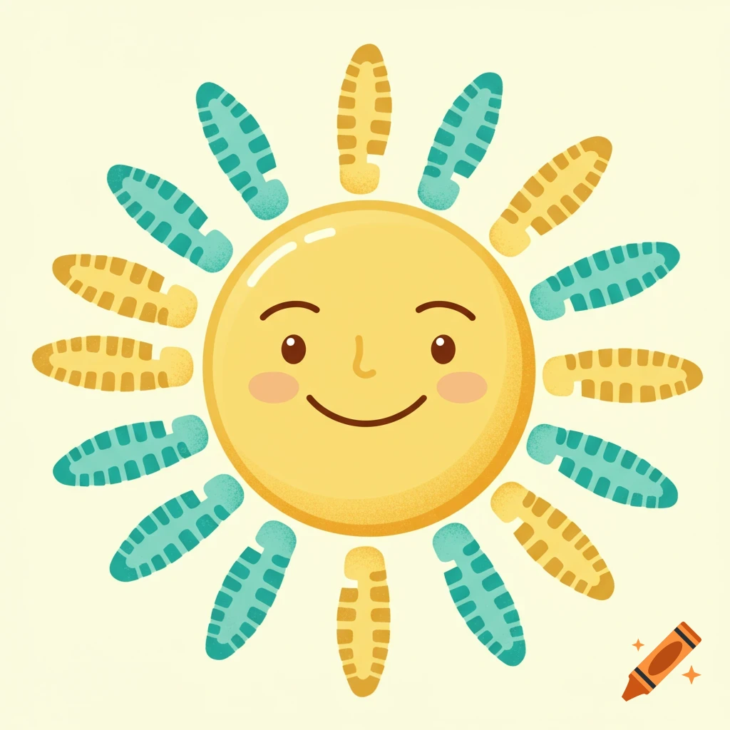 A stylized smiling sun with rays made of alternating teal and yellow shoe tracks.