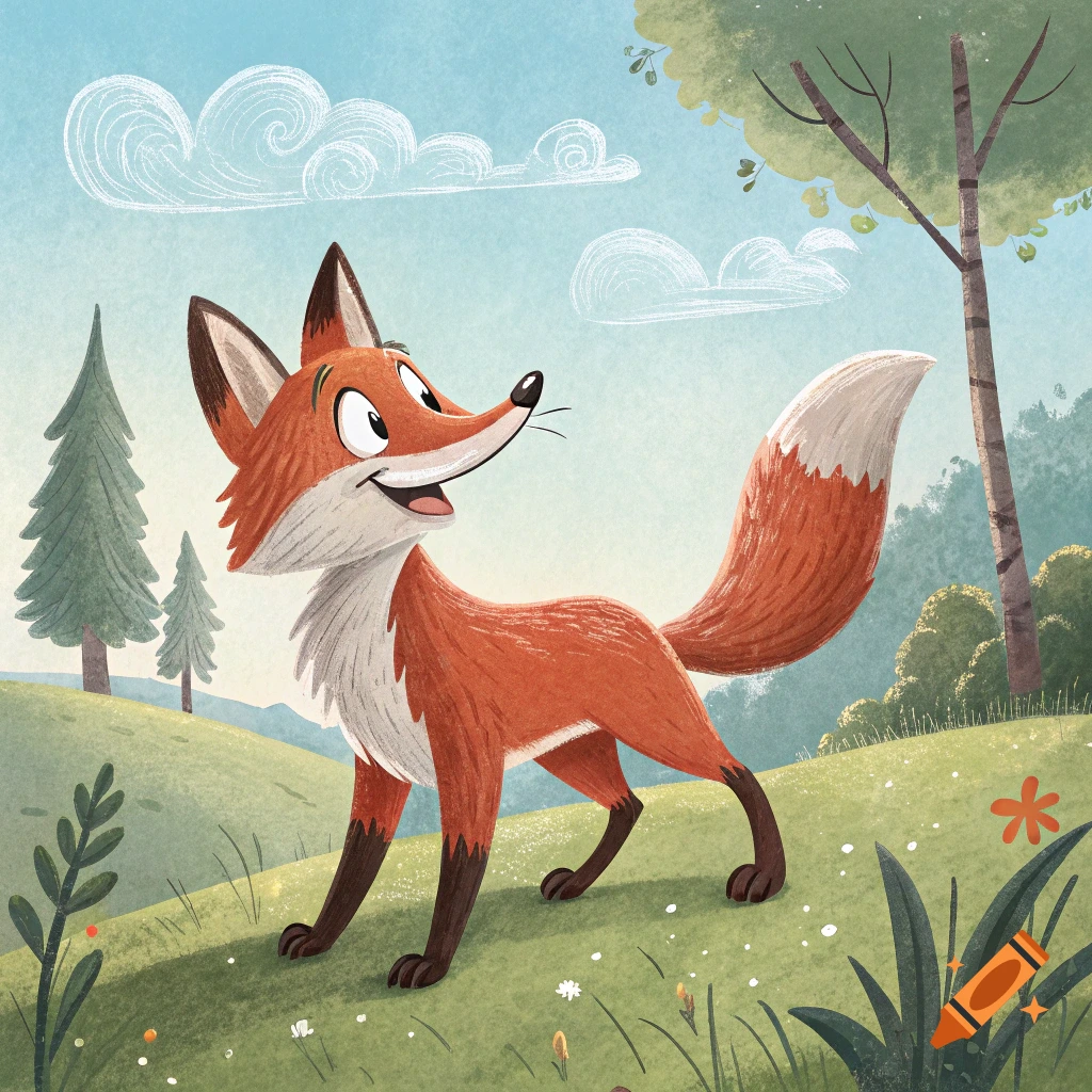 A cheerful cartoon fox stands on a grassy hill.