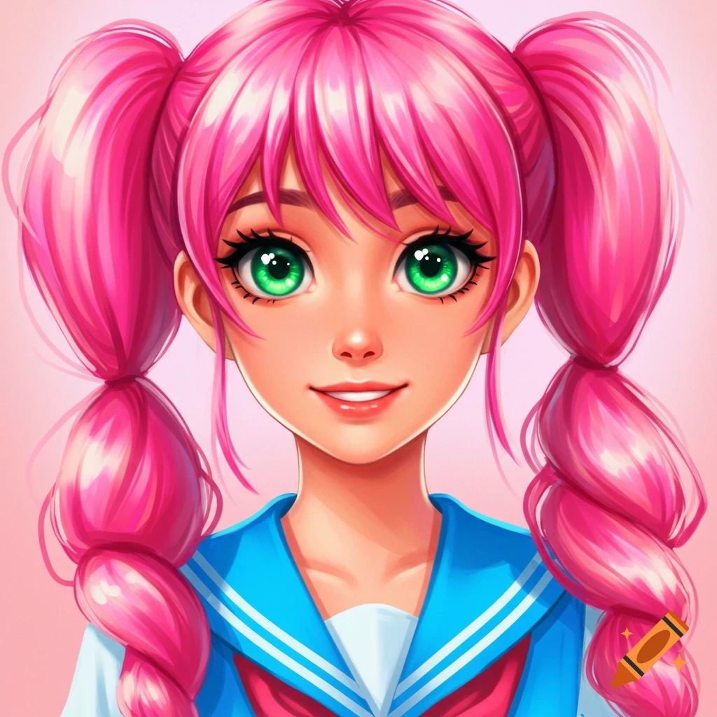 An anime girl with pink pigtails and green eyes