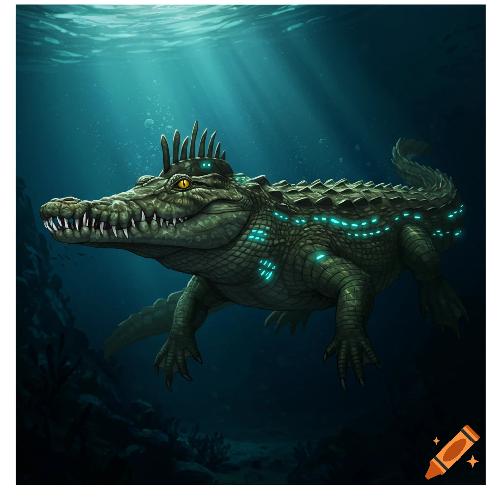 A stylized image of a green crocodile with glowing blue markings swimming underwater, illuminated by rays of light from the surface.