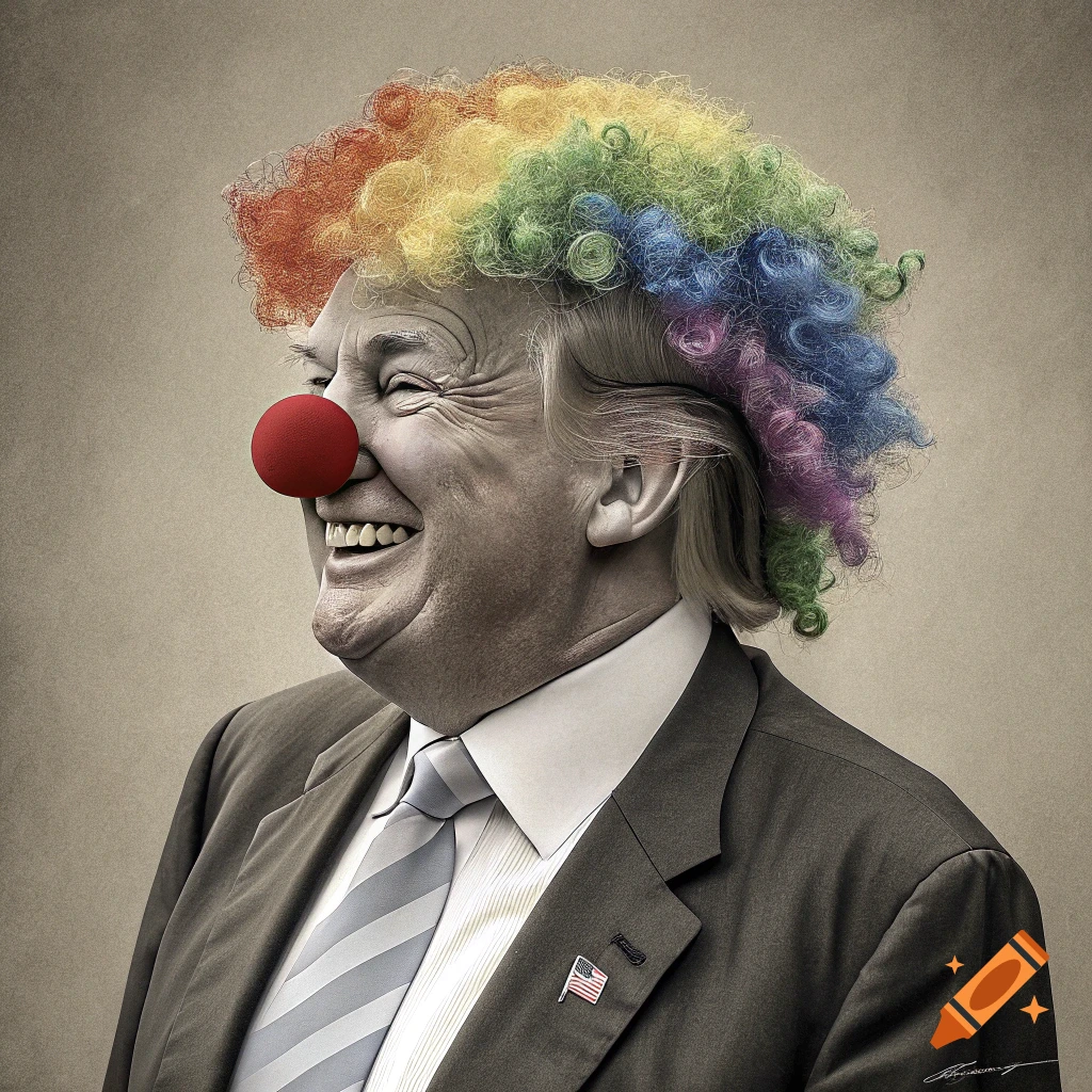 Portrait of Donald Trump wearing a red clown nose and rainbow clown wig, smiling in a suit.