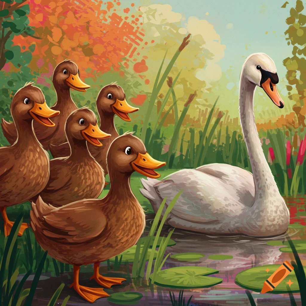 Illustrative painting of five brown ducks looking at a white swan in a pond.