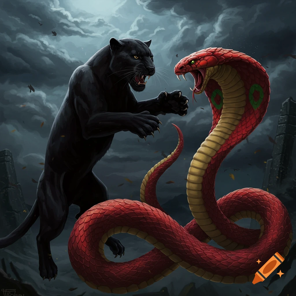 A black panther fighting a red cobra under a stormy sky.