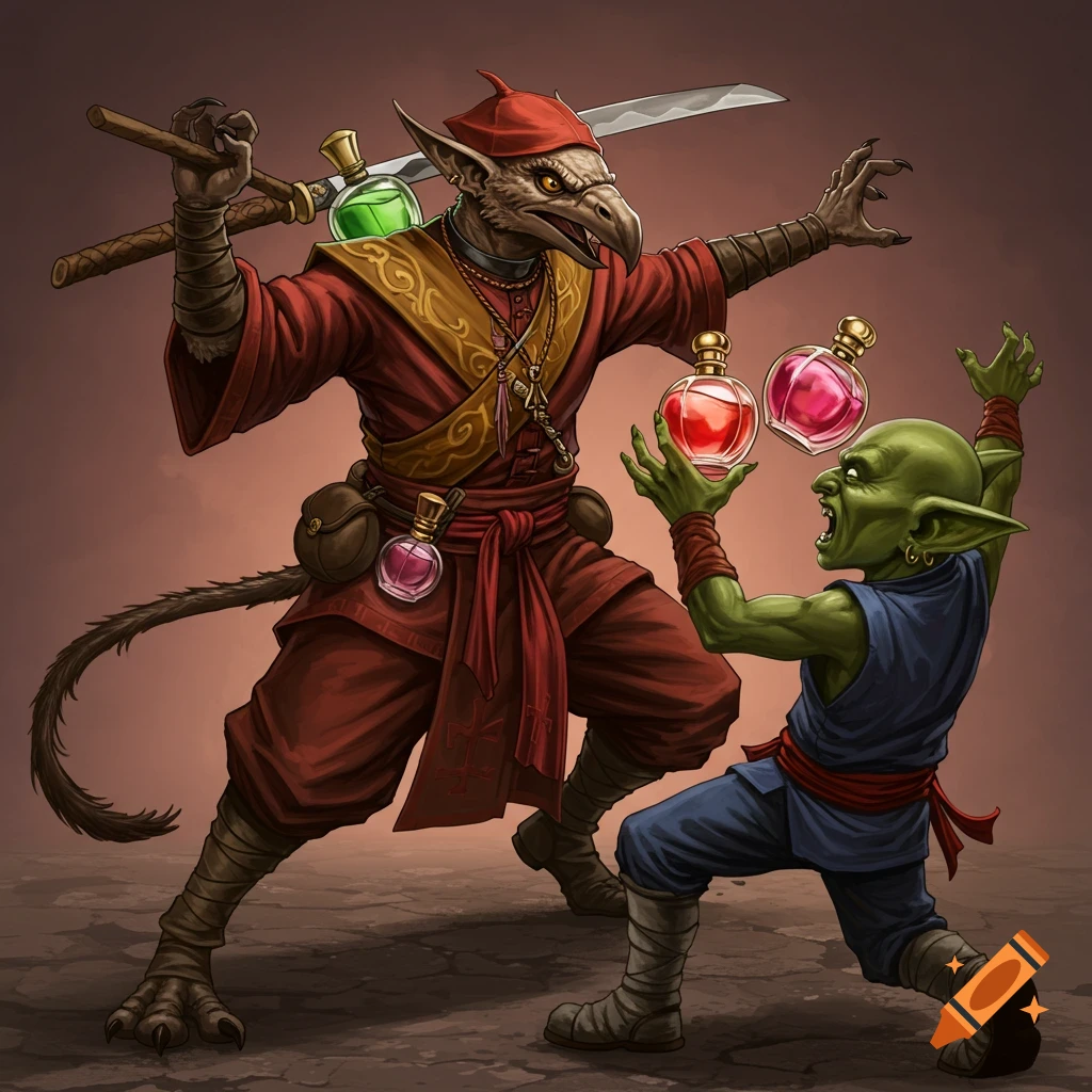 A bird-like creature in red robes battles a goblin with potions.