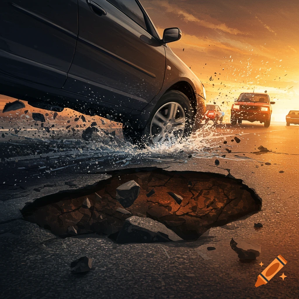 A car hits a large pothole, splashing water and debris.