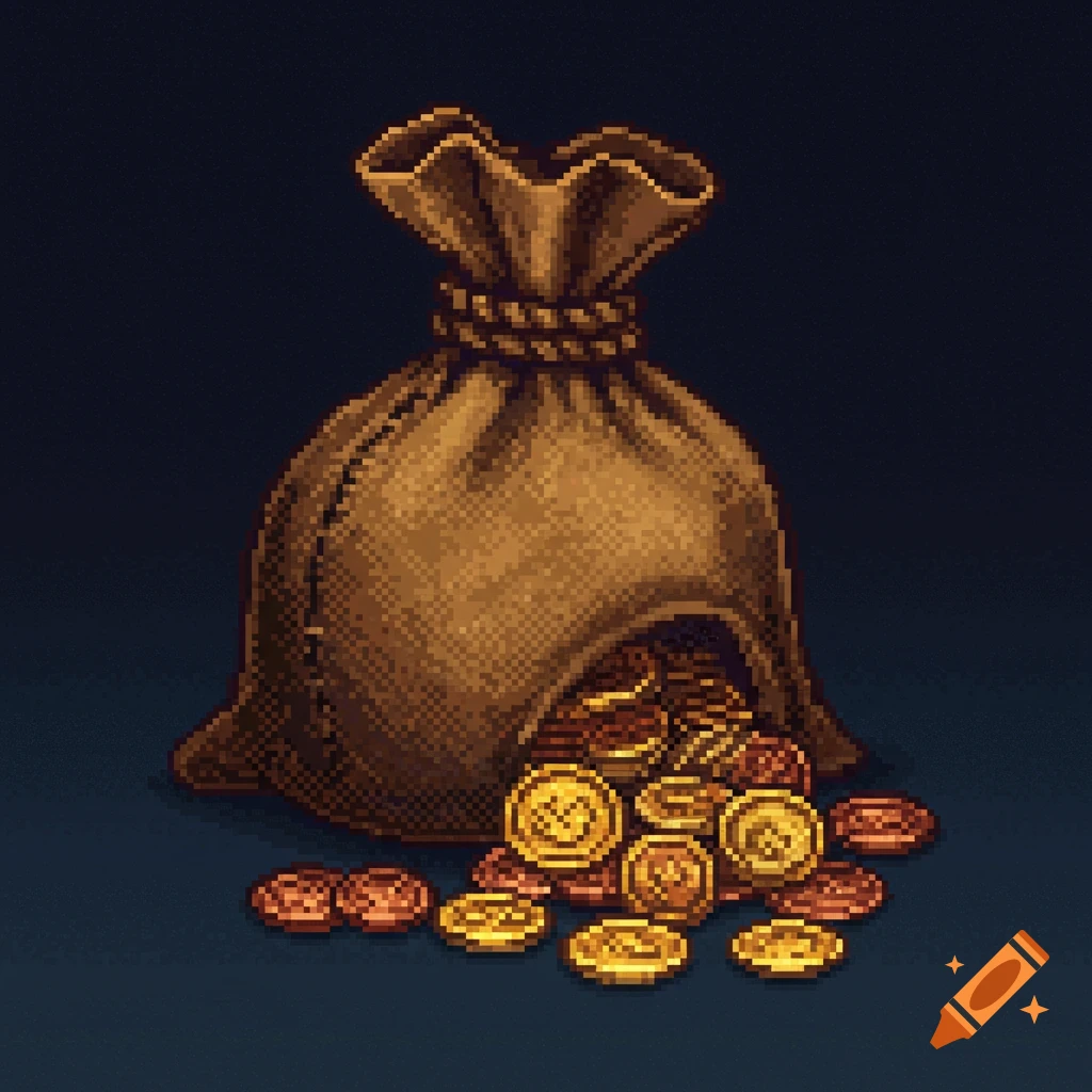 Pixel art rendering of a sack of coins spilling out gold and copper coins.