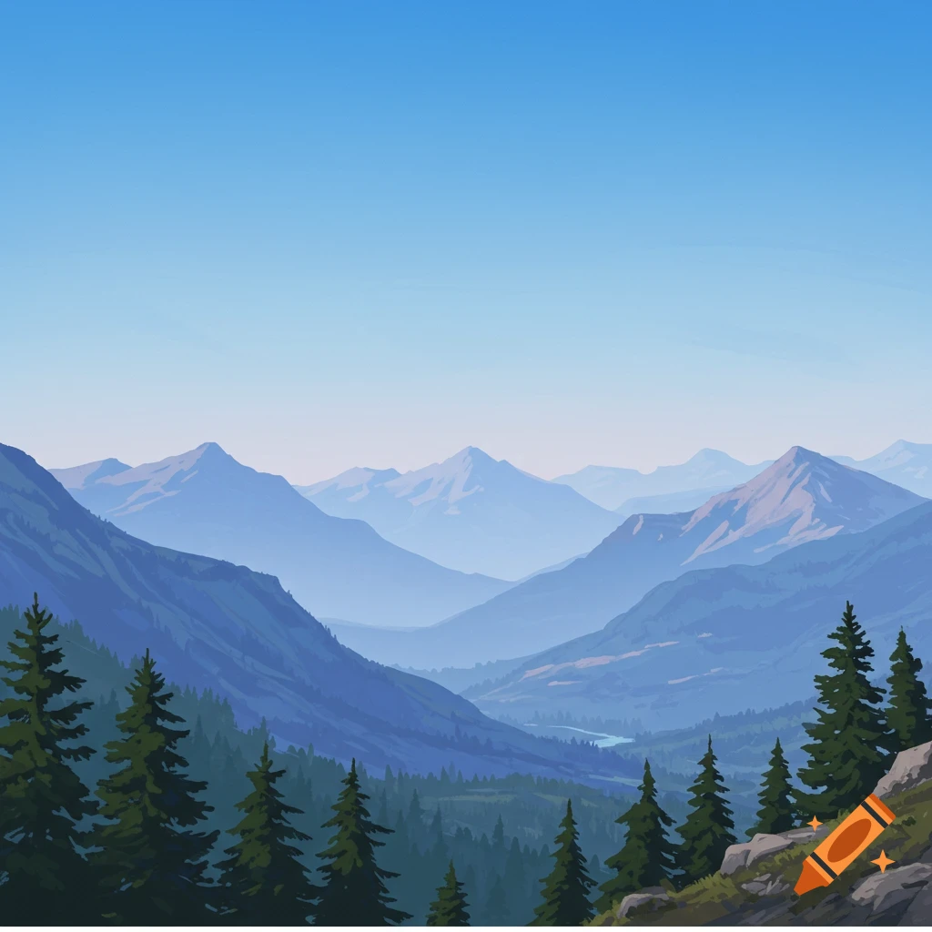 A mountain valley with green trees under a blue sky.