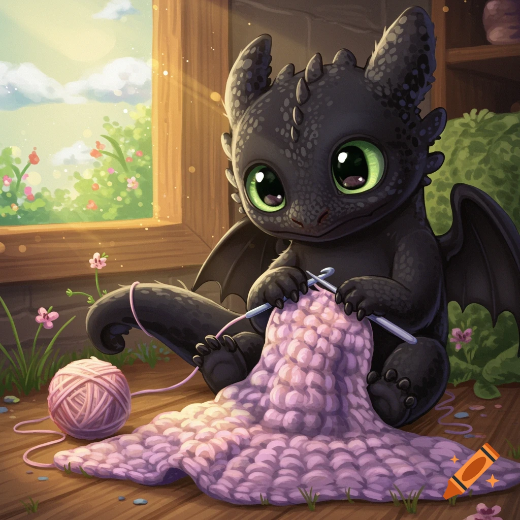 A small black baby dragon with big green eyes sits by a window and crochets a pink blanket.