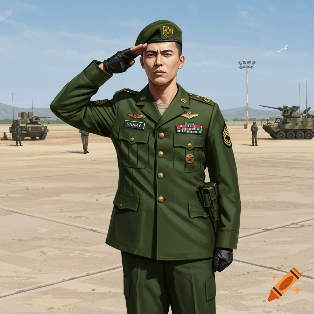 A soldier in green uniform saluting on a military base