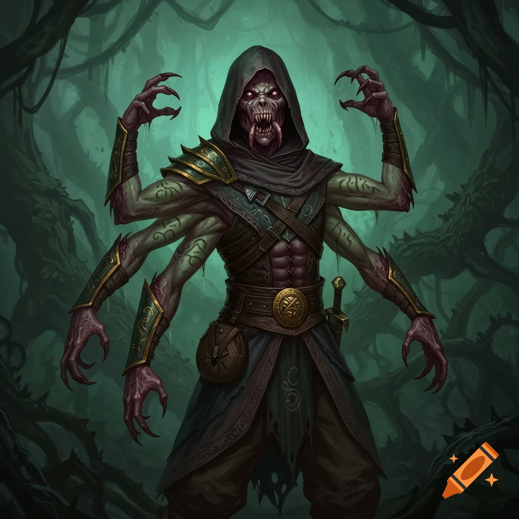 A hooded fantasy creature with multiple arms and claws stands in a dark forest.