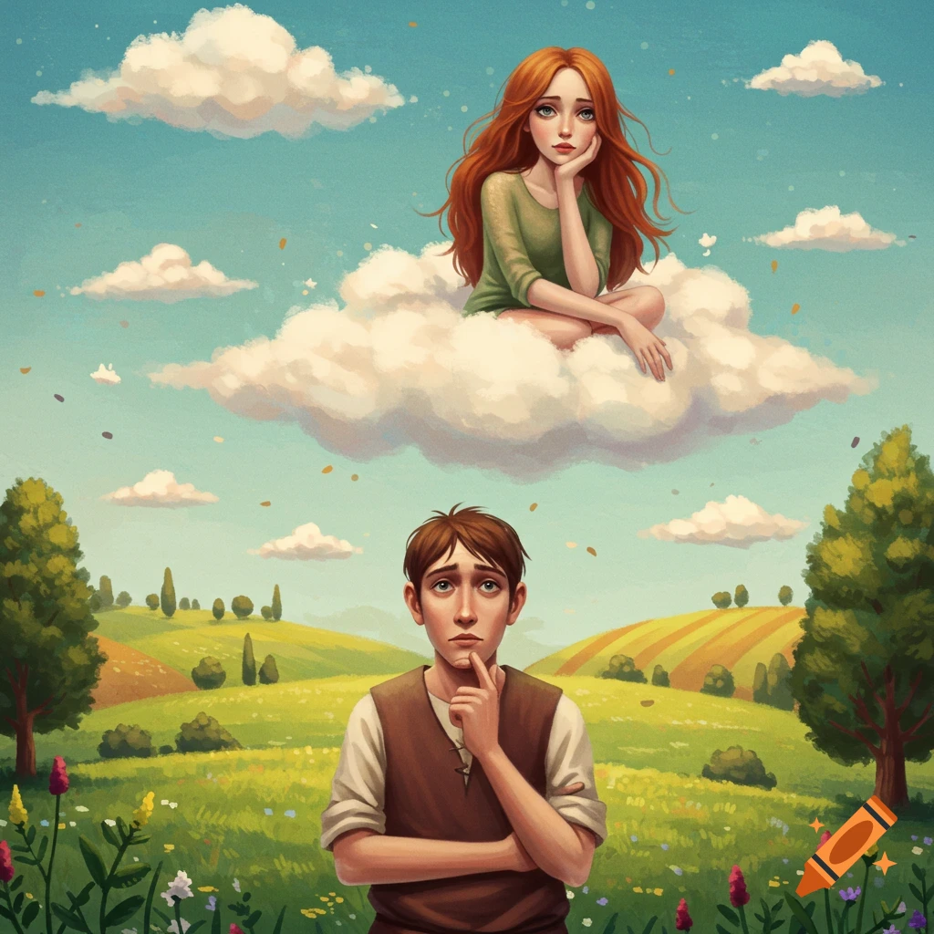 A man is looking up at a woman who is sitting on a cloud above him in a grassy field.