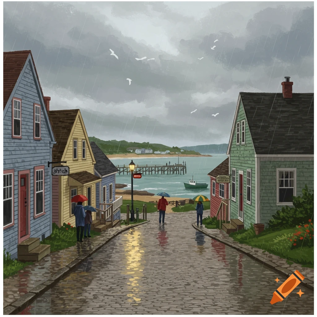 A rainy street leads to a pier in a coastal town.