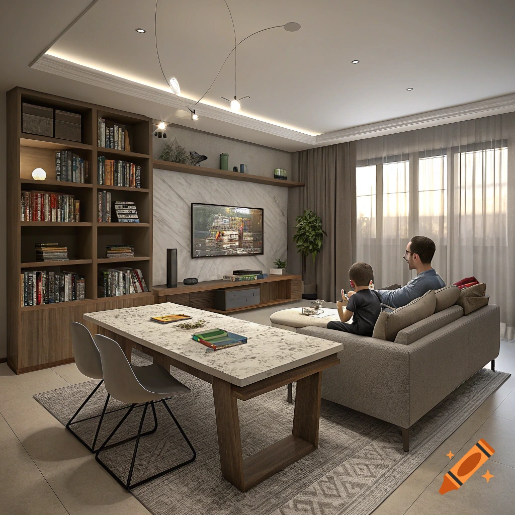 Father and son watch TV in a modern living room with a bookshelf and dining table.