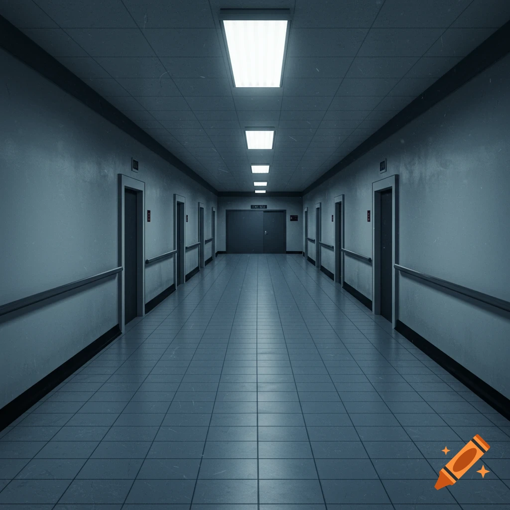 A long, empty, sterile hallway with fluorescent lights.
