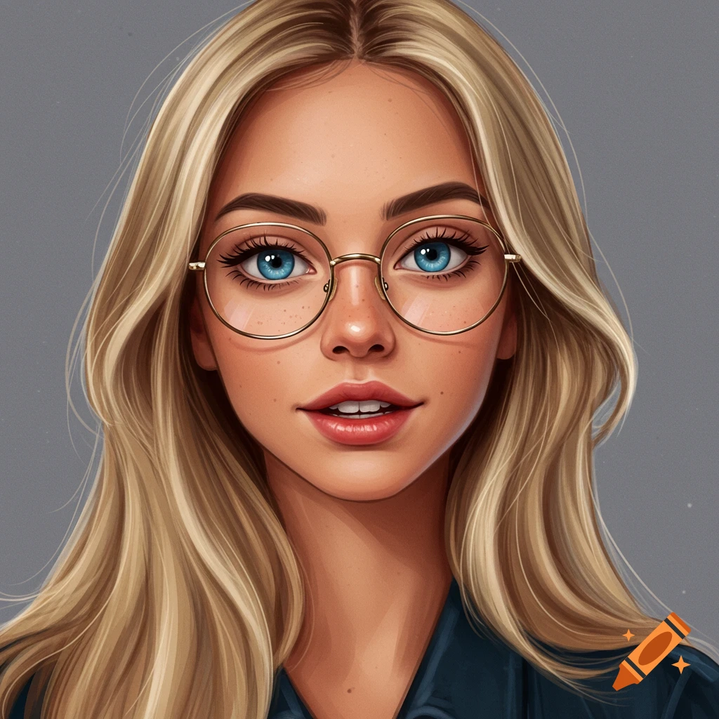 A young woman with long blond hair, blue eyes, glasses, and freckles.