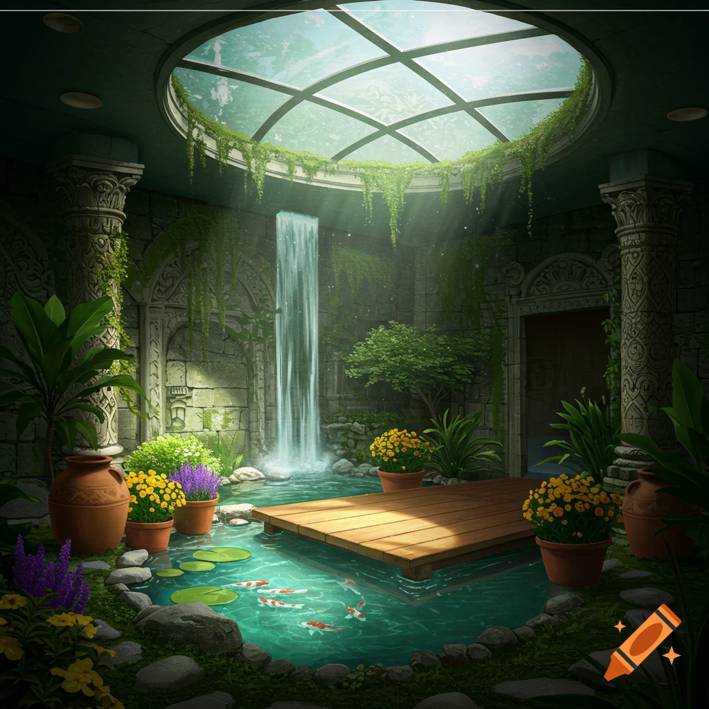 An indoor courtyard garden with a pond, waterfall, columns, plants, and a glass dome ceiling.