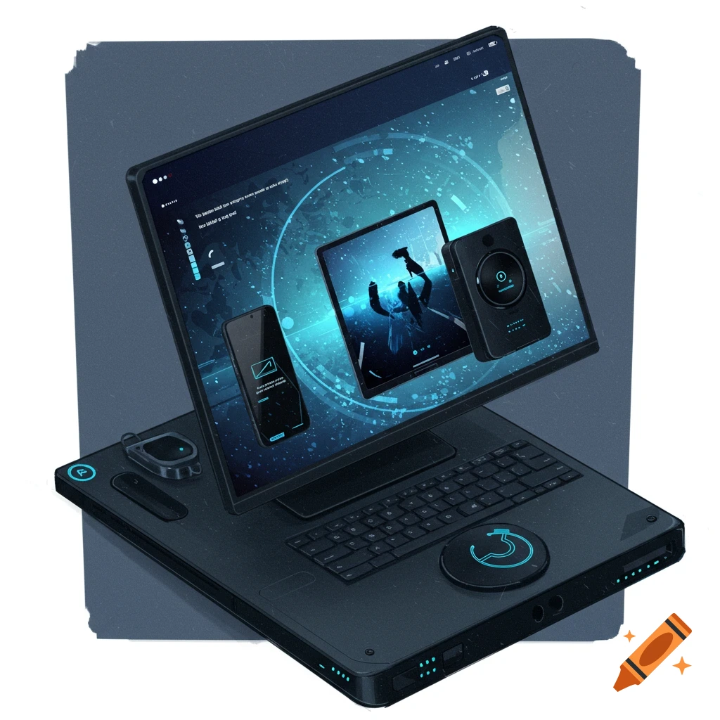 Futuristic technology, including a laptop, phone, and gadget.