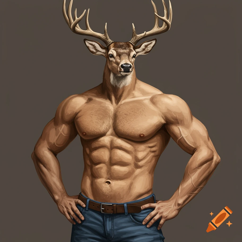 A muscular male deer character wearing jeans