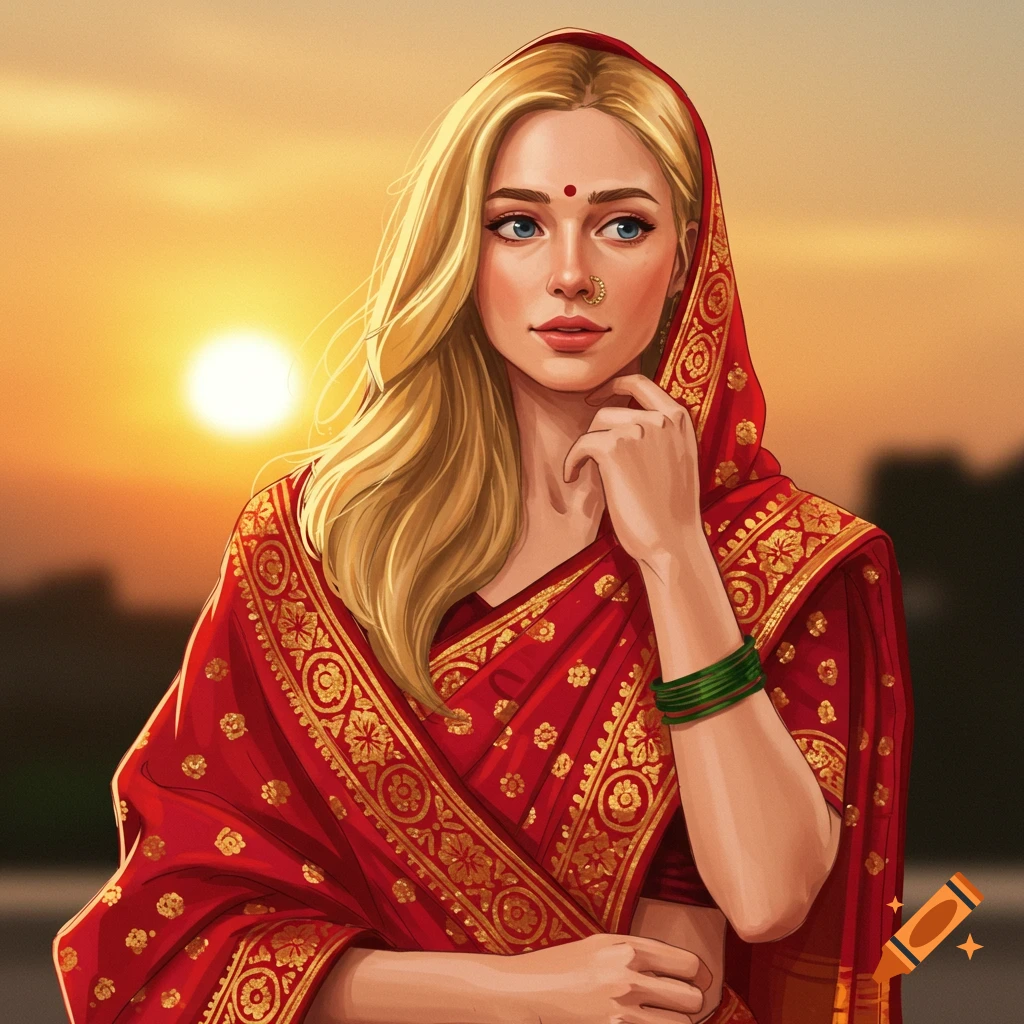 A blonde woman wearing a red Indian saree at sunset.