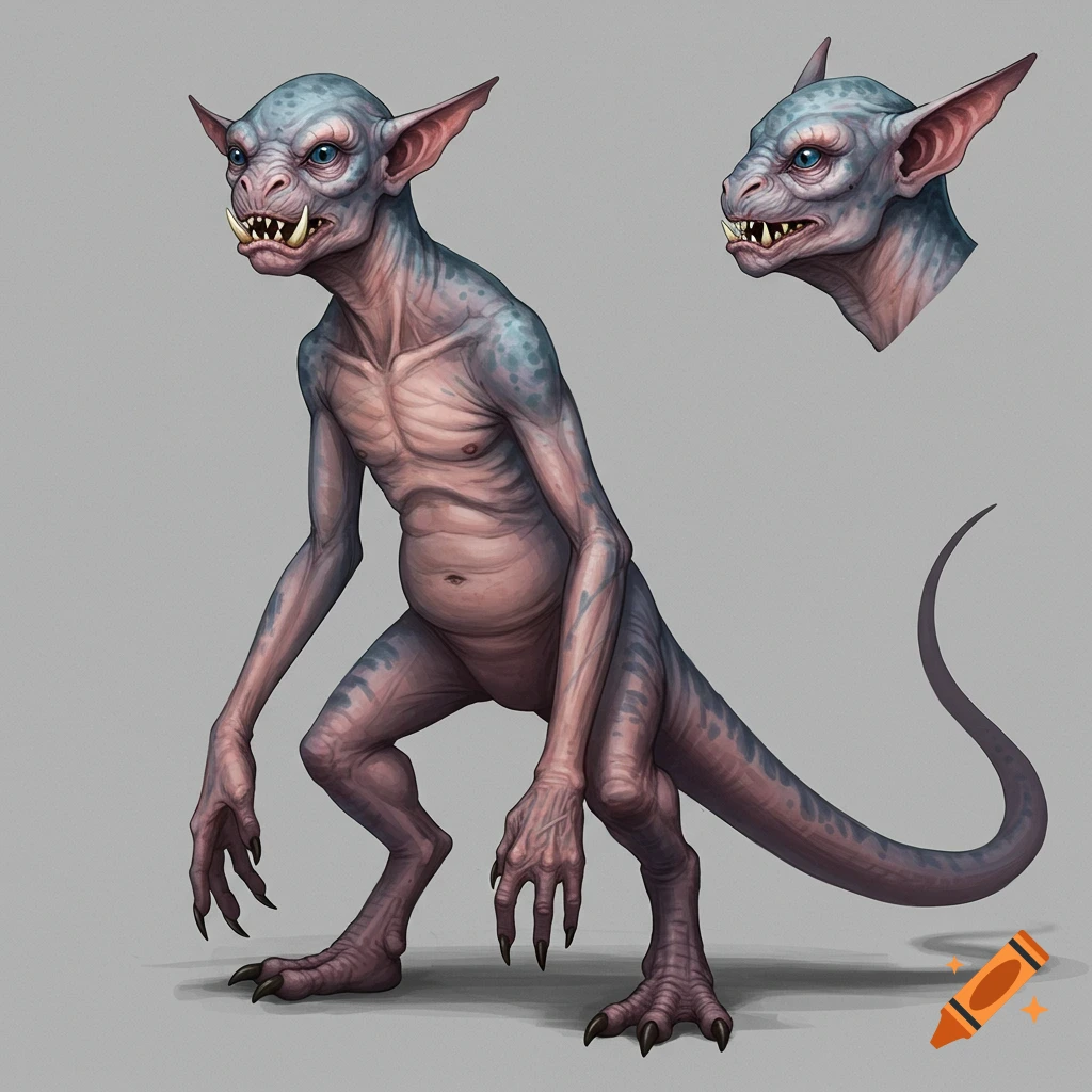 A hairless, blue-grey creature with pointed ears, large eyes, canine teeth, long arms, and a tail.
