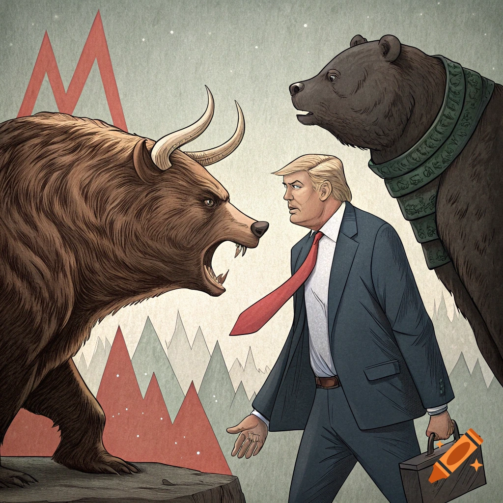 Illustration of Donald Trump between a bull and a bear with market graphs