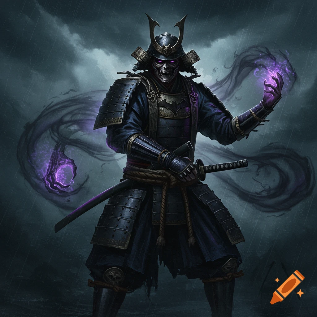 Skeletal samurai in black armor holding purple magic energy in a stormy scene