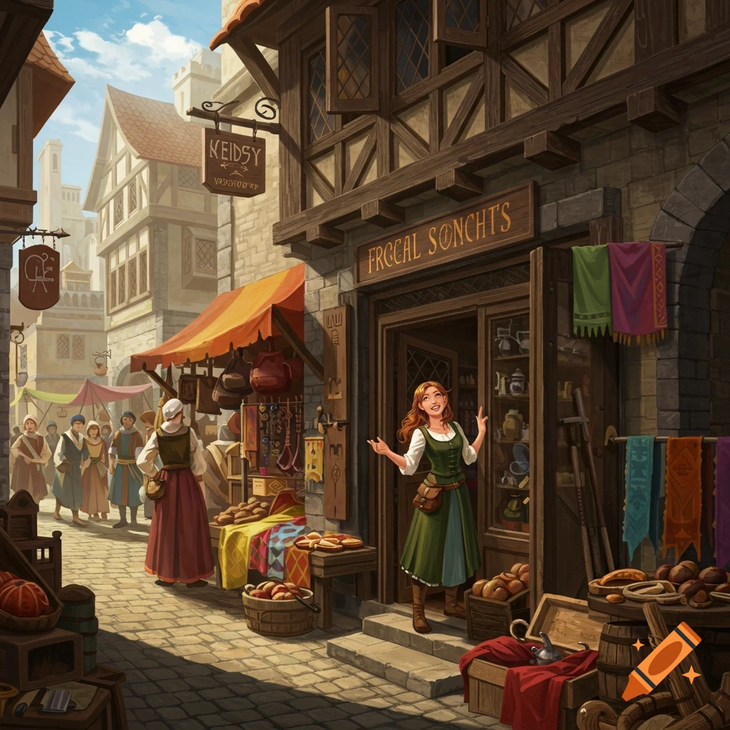 A bustling medieval market street with shops, stalls, and people.