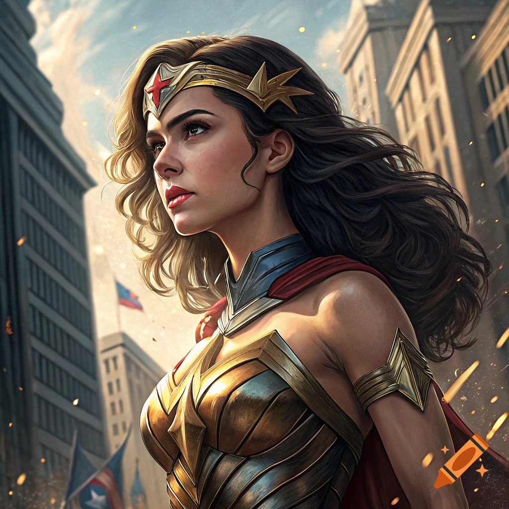 Woman dressed as Wonder Woman in golden armor and red cape looks up in a city.