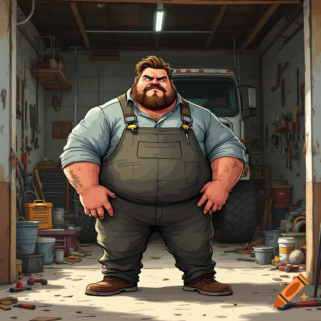 Cartoon illustration of a stout mechanic in overalls standing in a messy garage filled with tools.
