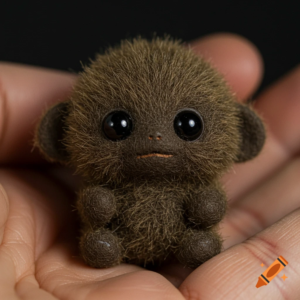 A small, fluffy brown creature plush toy with big black eyes sits in the palm of a hand.