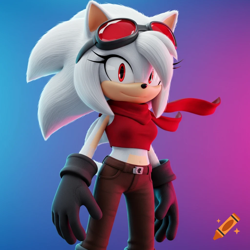 A white hedgehog character in a red crop top, red scarf, and goggles stands against a blue and pink background.