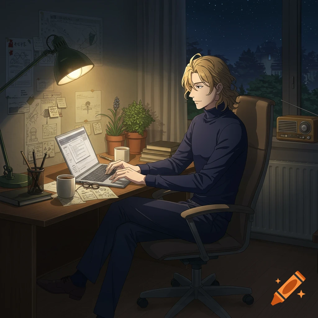 Anime man working on a laptop at a desk at night.