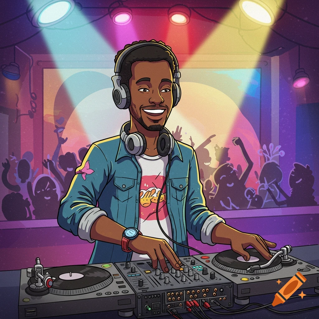 Cartoon of a Black man DJing at a party, smiling while using turntables under colorful spotlights.