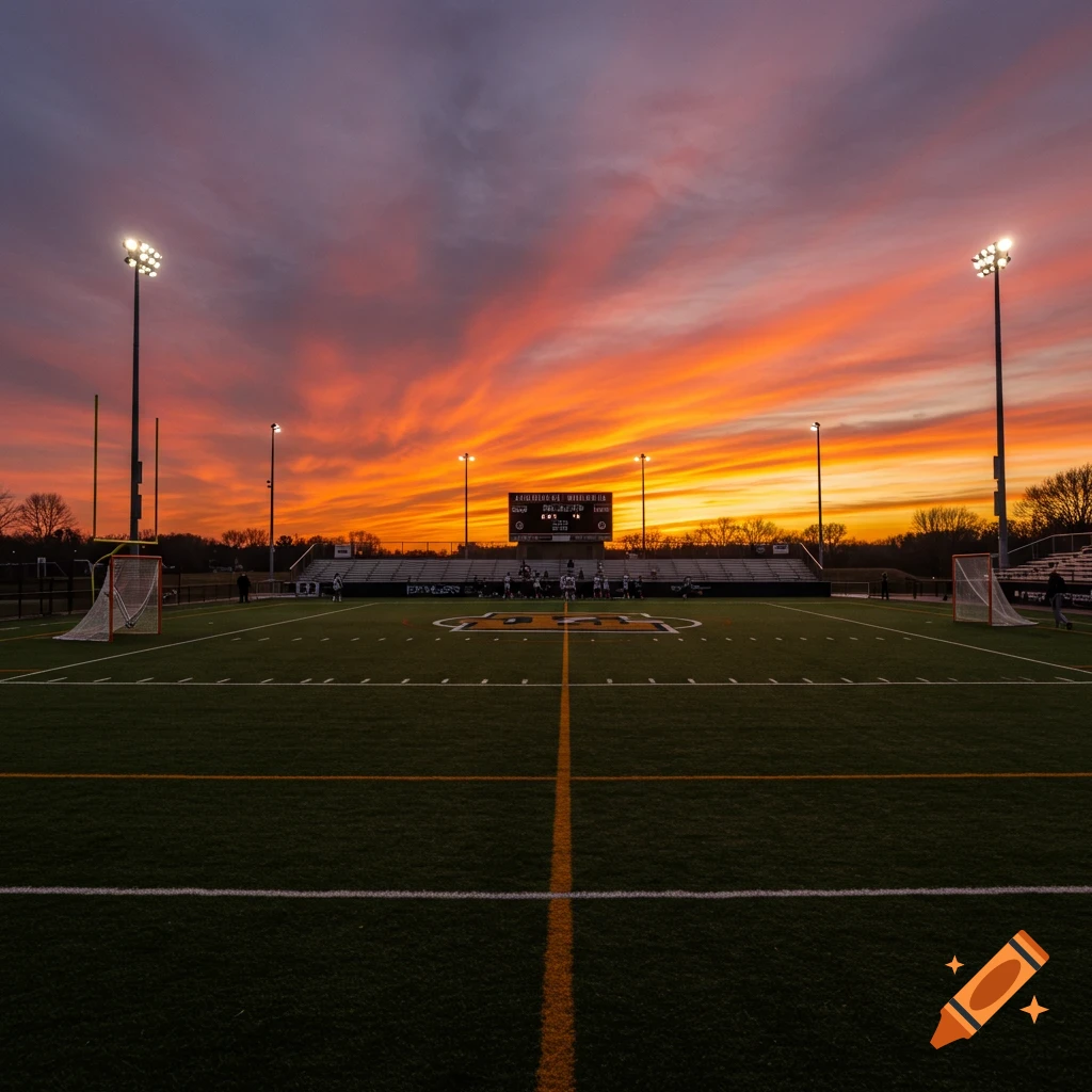 A lacrosse field at sunset with a scoreboard under a sky filled with orange and purple clouds.