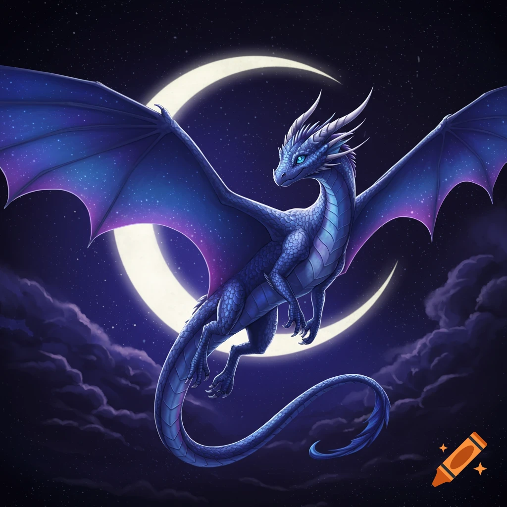 Blue dragon flies with outstretched wings before a crescent moon in a starry night sky.