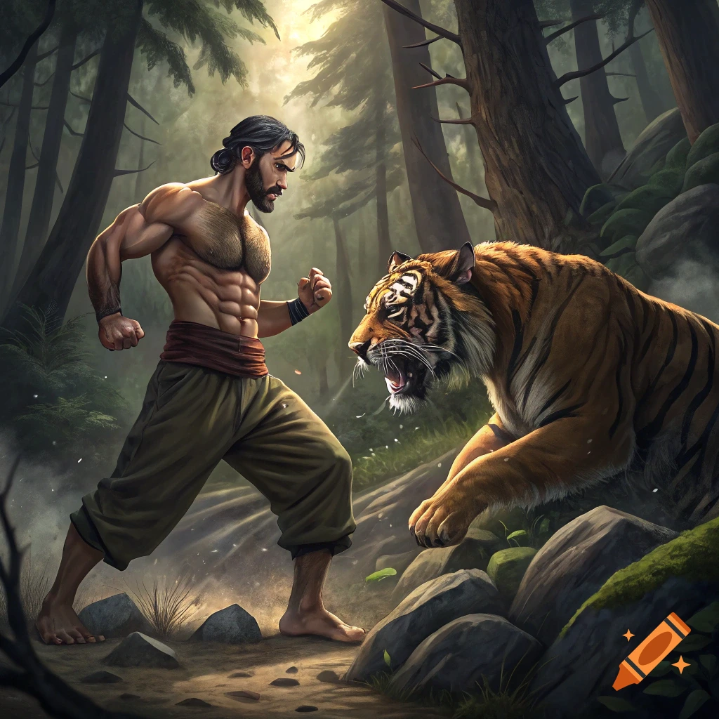 Muscular man confronts a growling tiger in a forest.