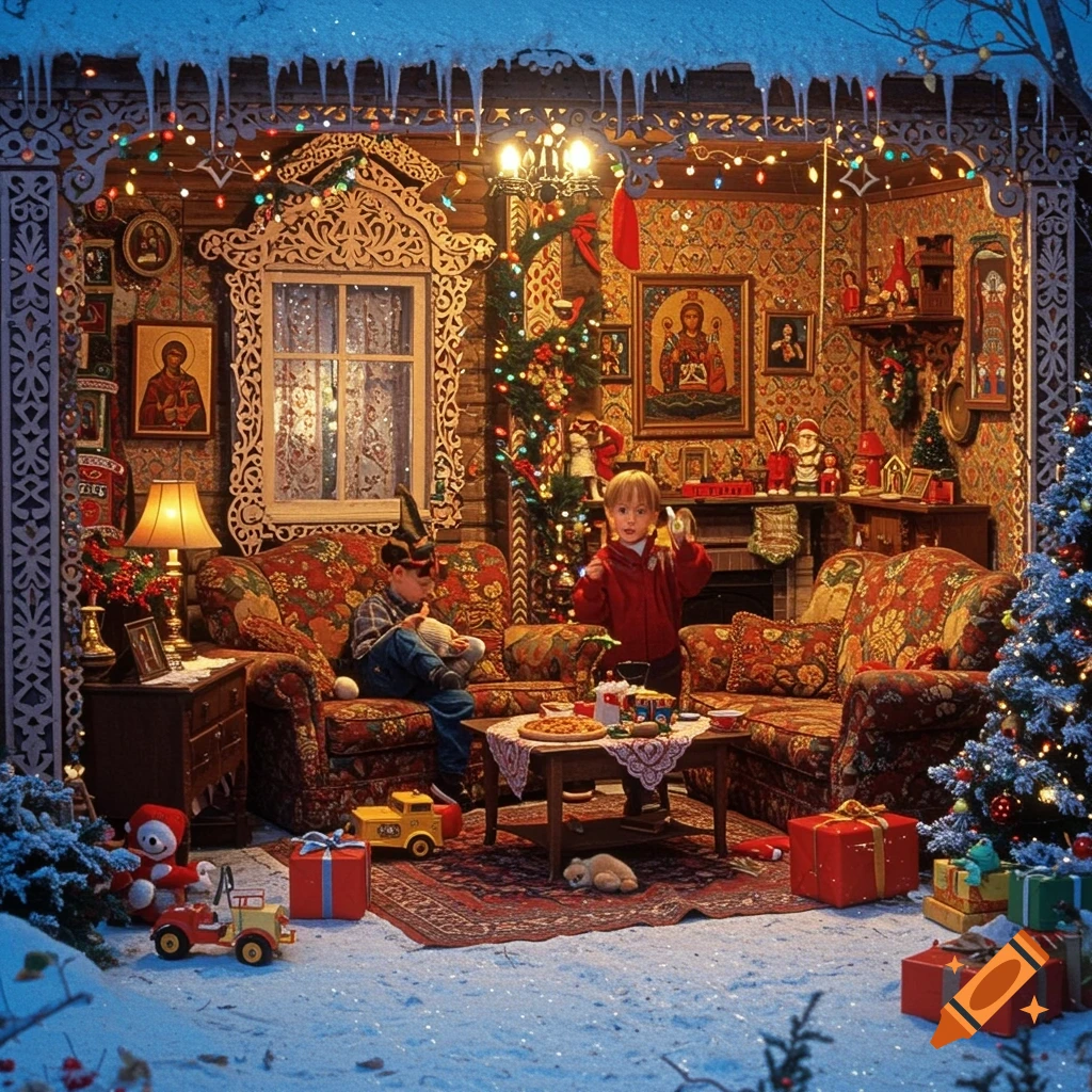 Christmas scene with children in a richly decorated Russian-style house porch covered in snow.