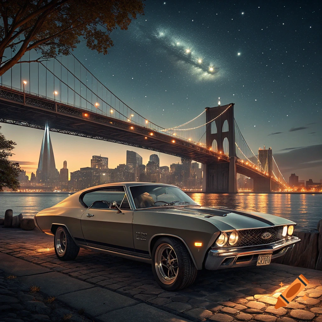 Classic muscle car parked by water with Brooklyn Bridge and starry city skyline at night