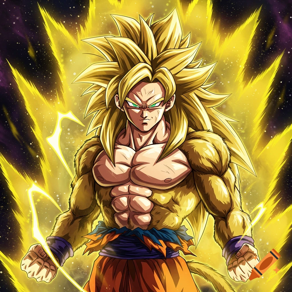 Goku in Super Saiyan transformation with long golden hair and fur, surrounded by yellow energy