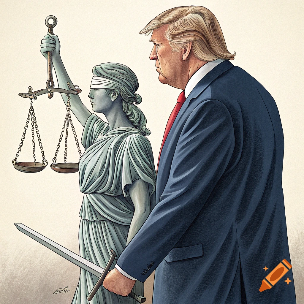 Illustration of Donald Trump standing next to Lady Justice, who holds scales while he holds her sword.