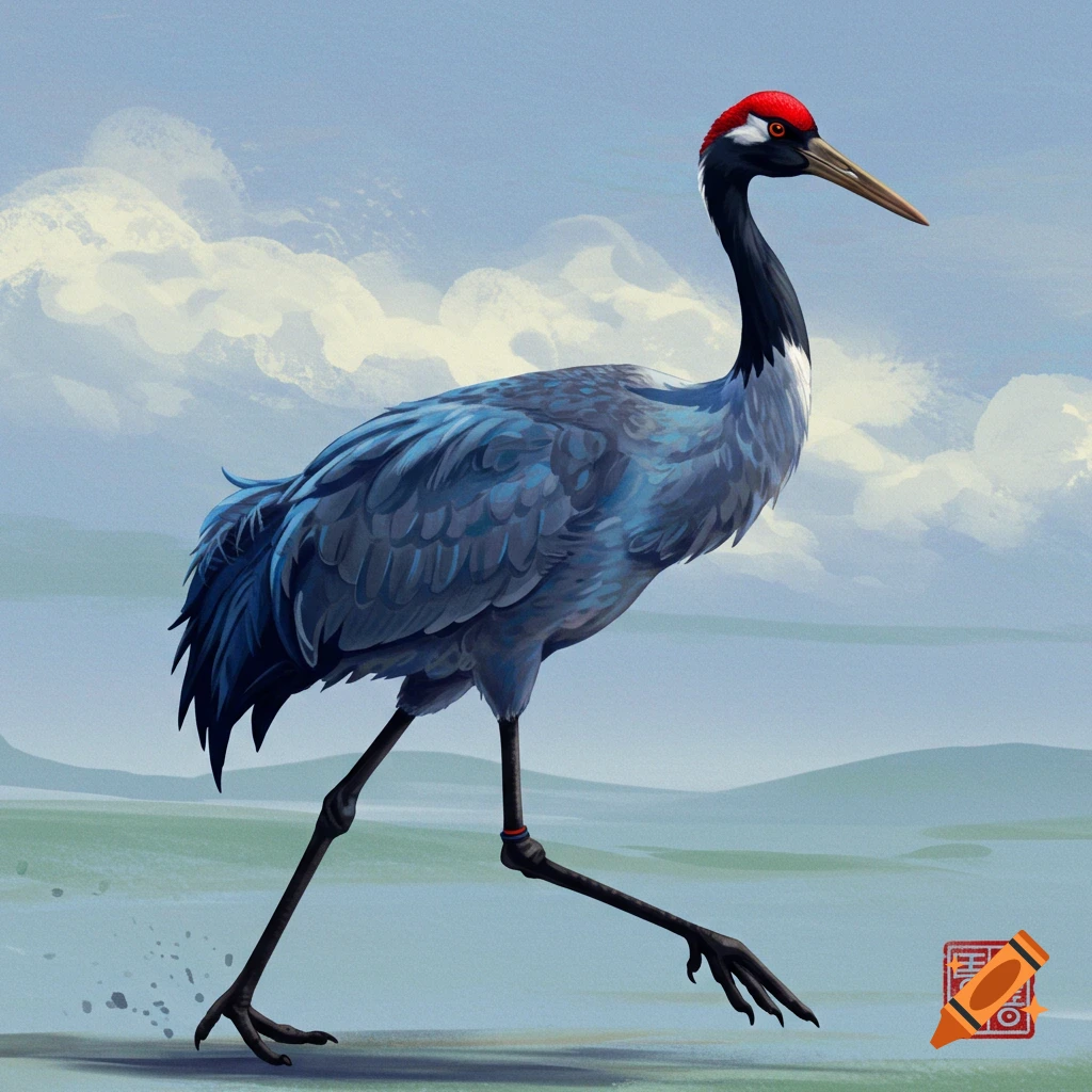 A crane with a red head walking in a landscape.