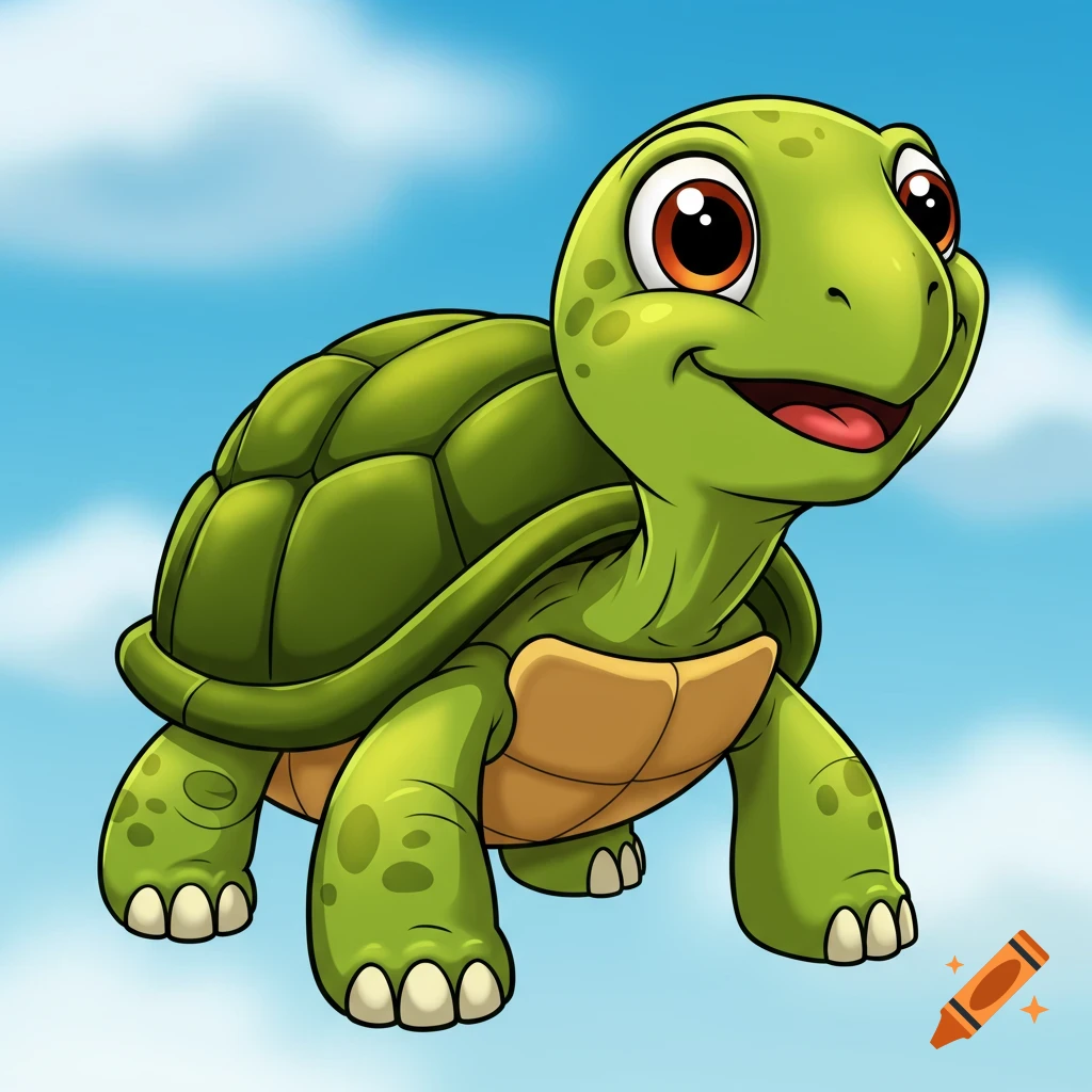 A friendly cartoon turtle smiles in a blue sky with clouds.