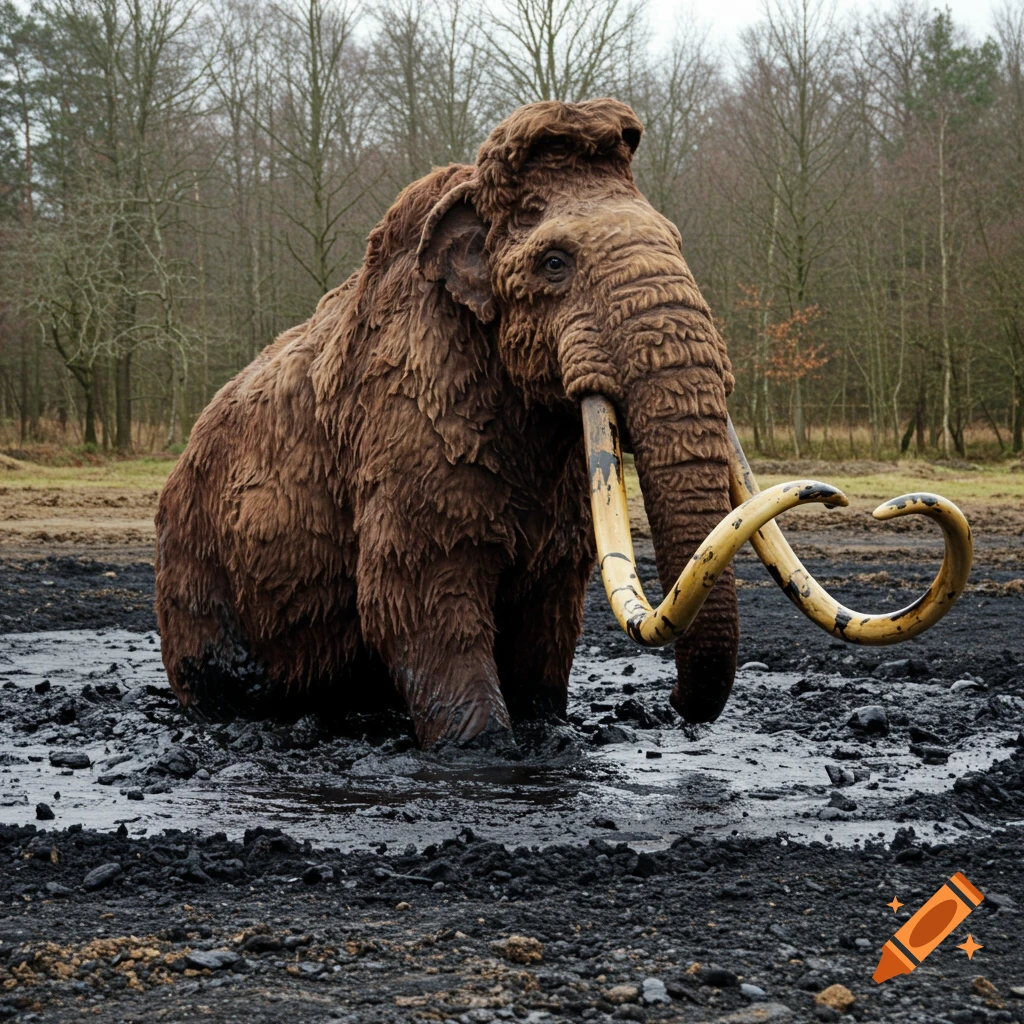 A photo of a woolly mammoth stuck in a tar pit.