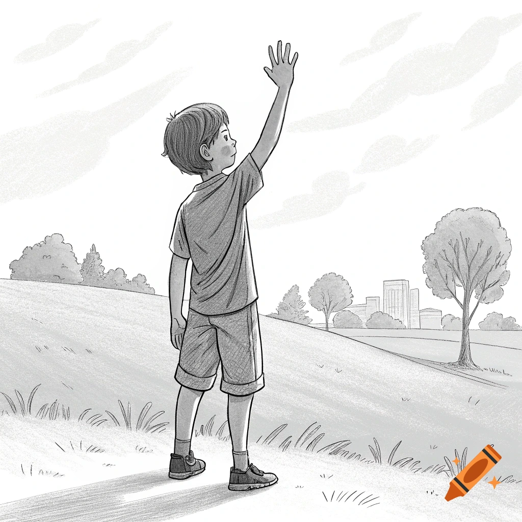 Sketch of a boy standing and waving in a park with buildings in the distance.