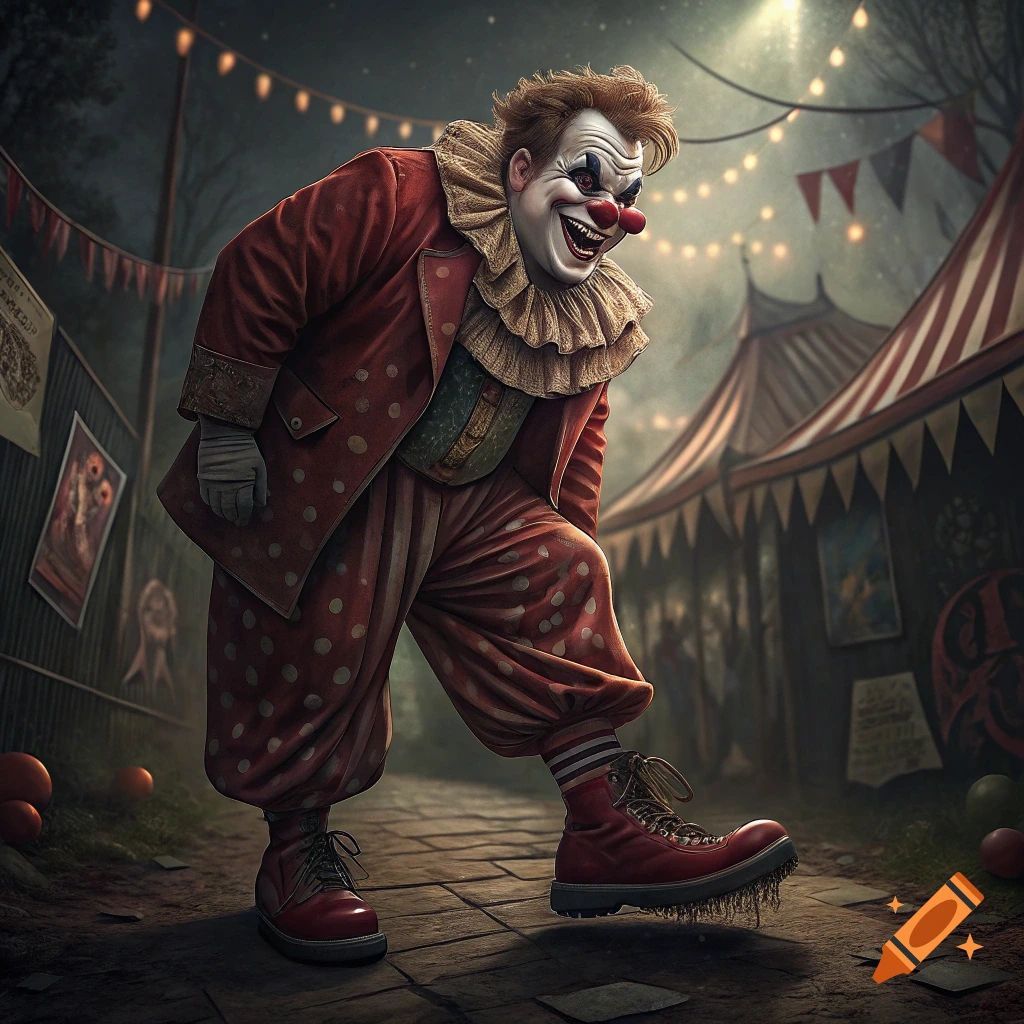 A scary clown in a red suit stands outside circus tents at night.