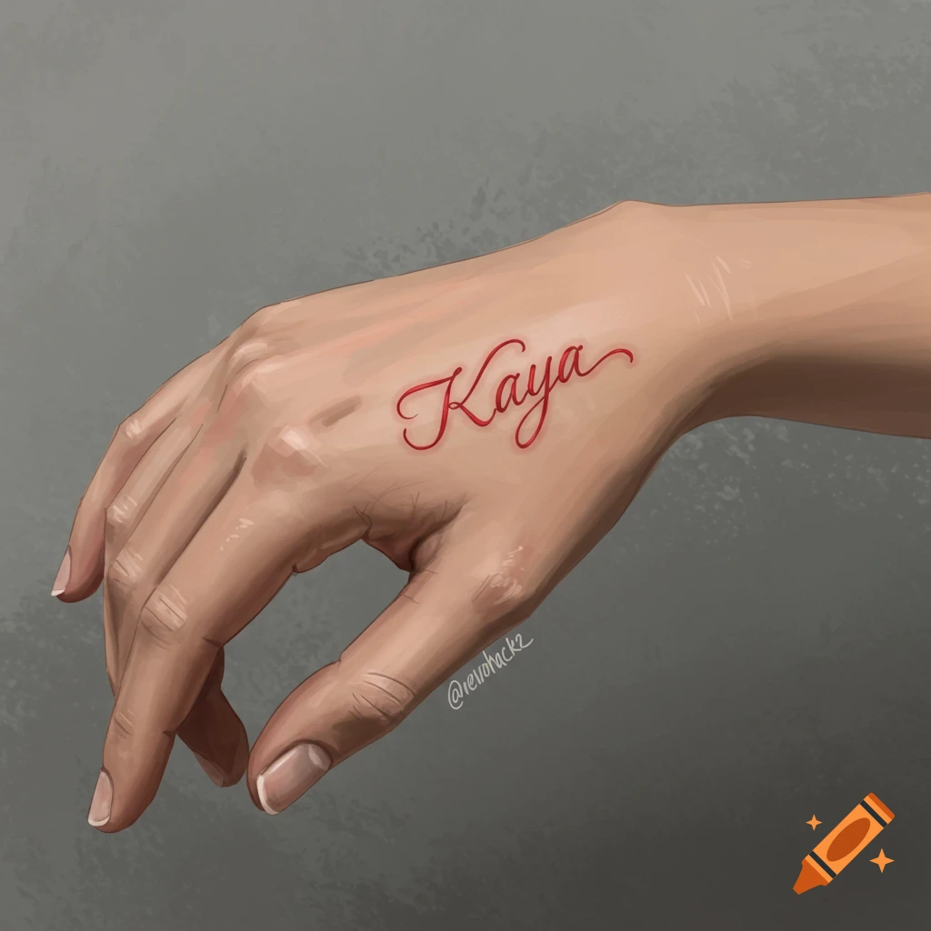 A hand is shown with a red tattoo that says "Kaya".