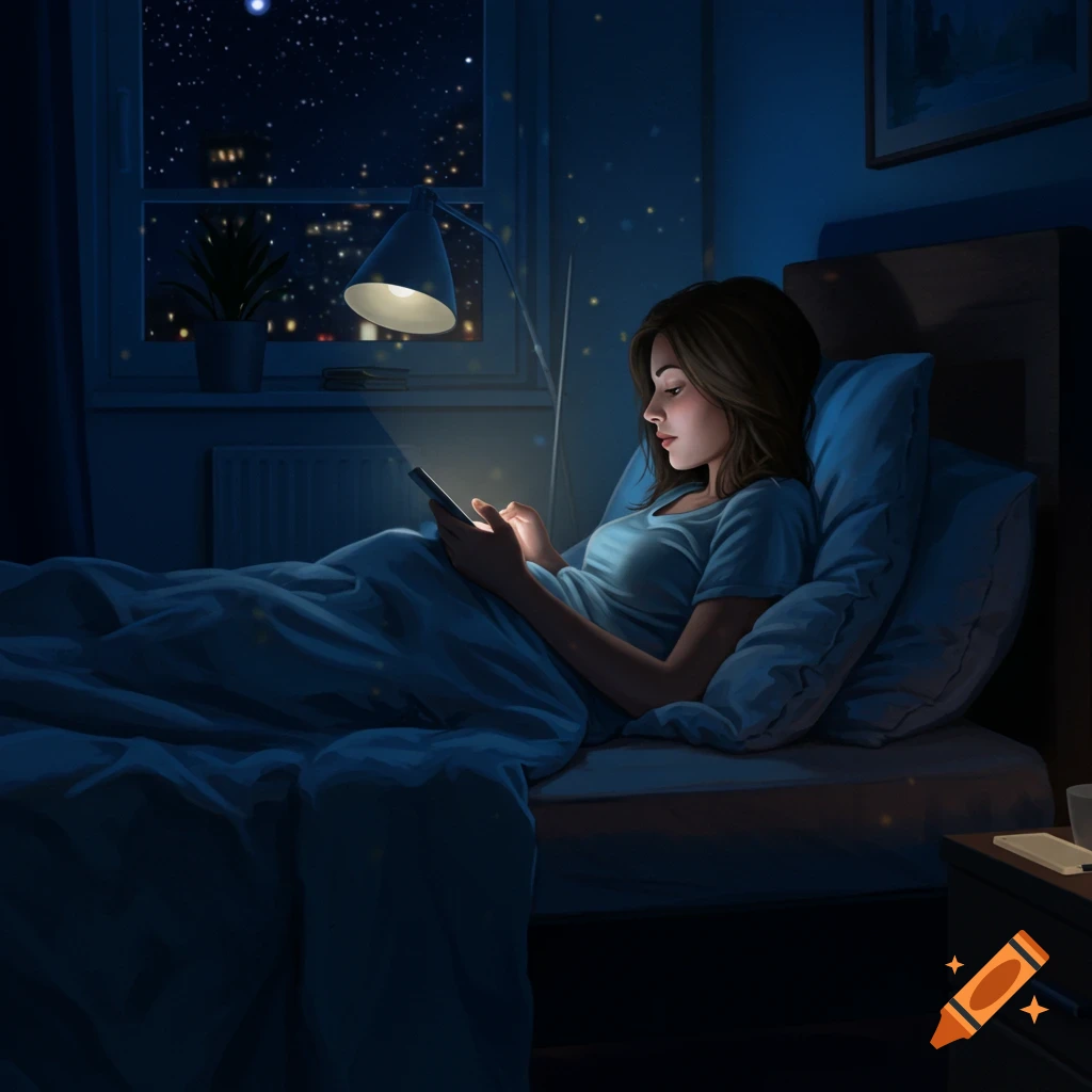 A woman in bed at night looking at her phone.